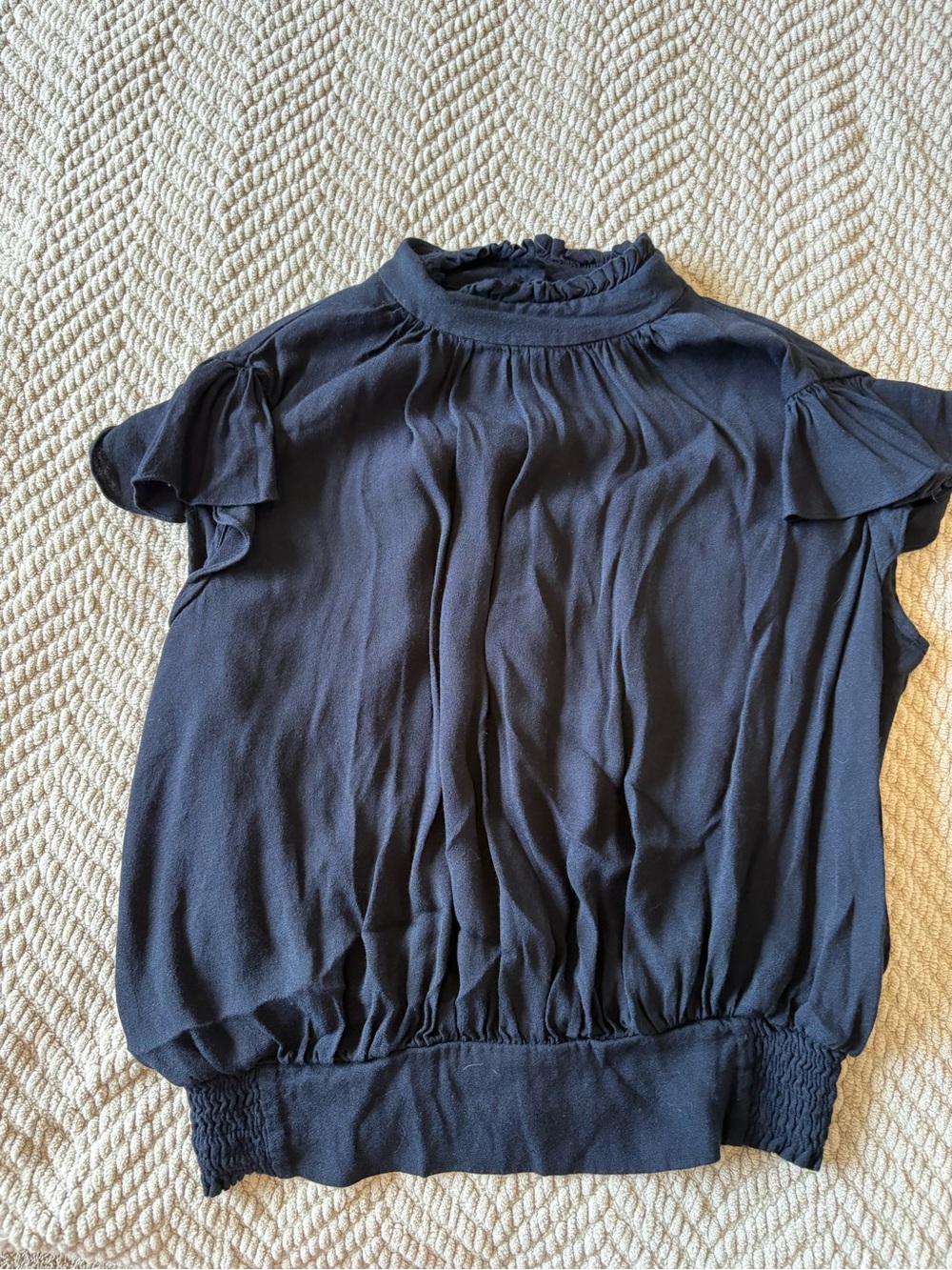 Frame Denim Black Ruffle Mock-Neck Blouse